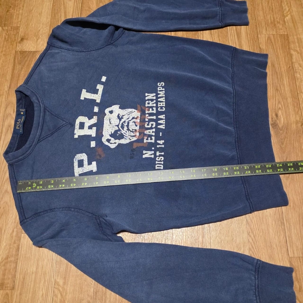 Polo Ralph Lauren Sweatshirt Medium Blue Crewneck Bulldog Distressed Faded - Picture 4 of 8